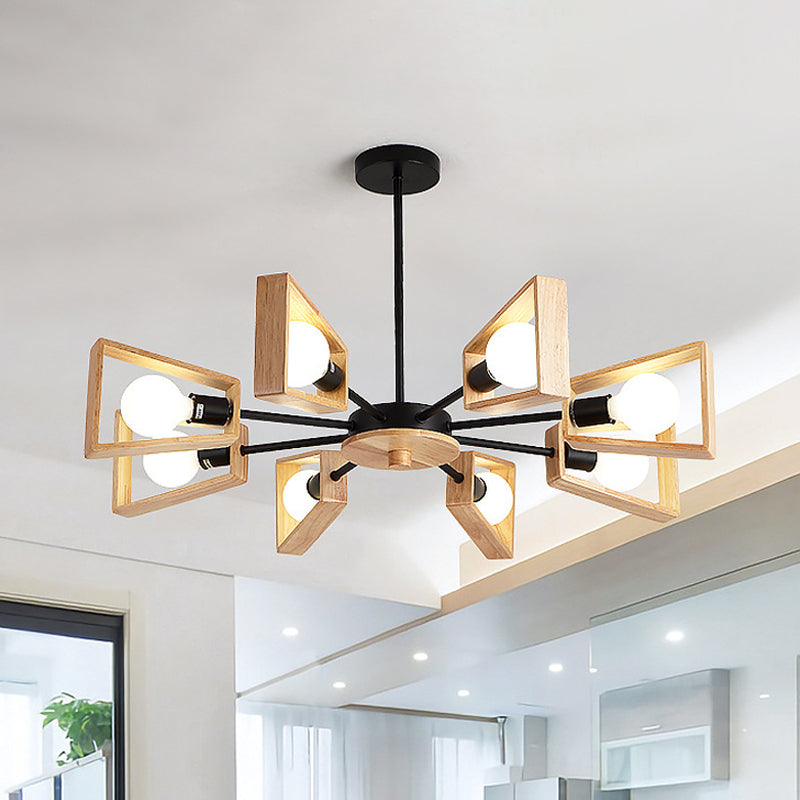 Chandelier de suspension à cadre trapézoïde en bois Moderniste de 8 têtes de lustre au plafond noir avec design radial