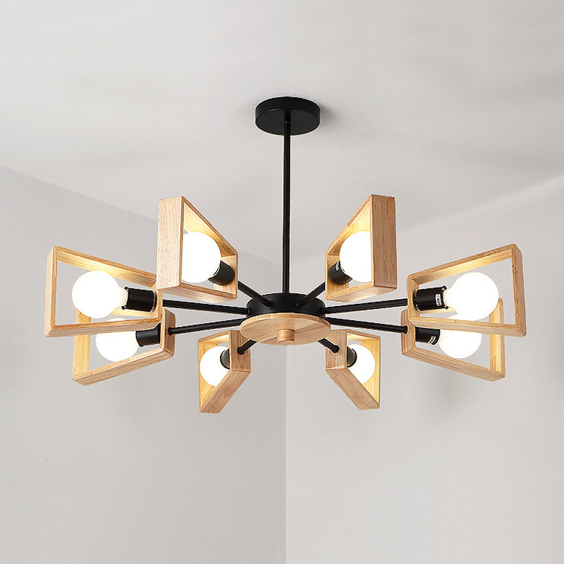 Chandelier de suspension à cadre trapézoïde en bois Moderniste de 8 têtes de lustre au plafond noir avec design radial