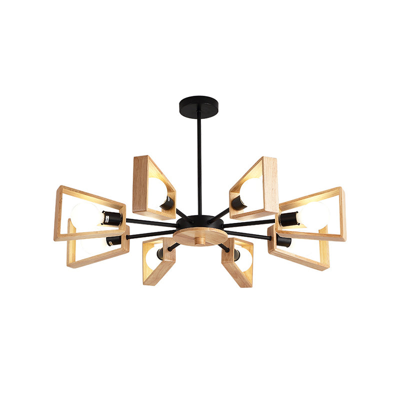 Chandelier de suspension à cadre trapézoïde en bois Moderniste de 8 têtes de lustre au plafond noir avec design radial