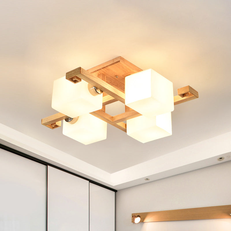 Modernism 4/5 Heads Ceiling Lighting Beige Cubic Semi Flush Mount Lamp with Opaline Glass Shade