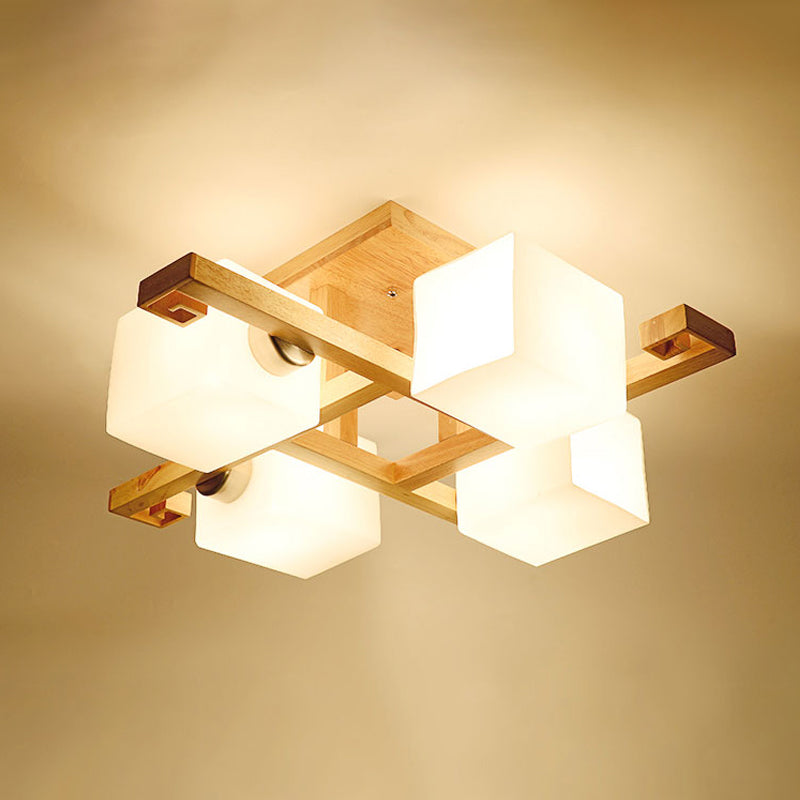 Modernism 4/5 Heads Ceiling Lighting Beige Cubic Semi Flush Mount Lamp with Opaline Glass Shade