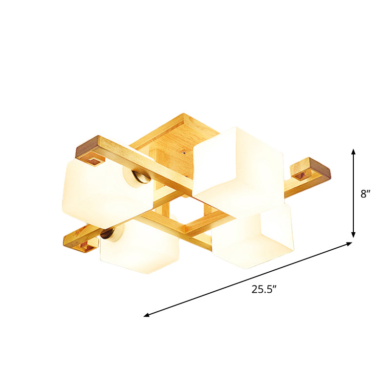 Modernismo 4/5 cabezas Iluminación de techo beige lámpara de montaje cúbico de semi descarga con sombra de vidrio opalino