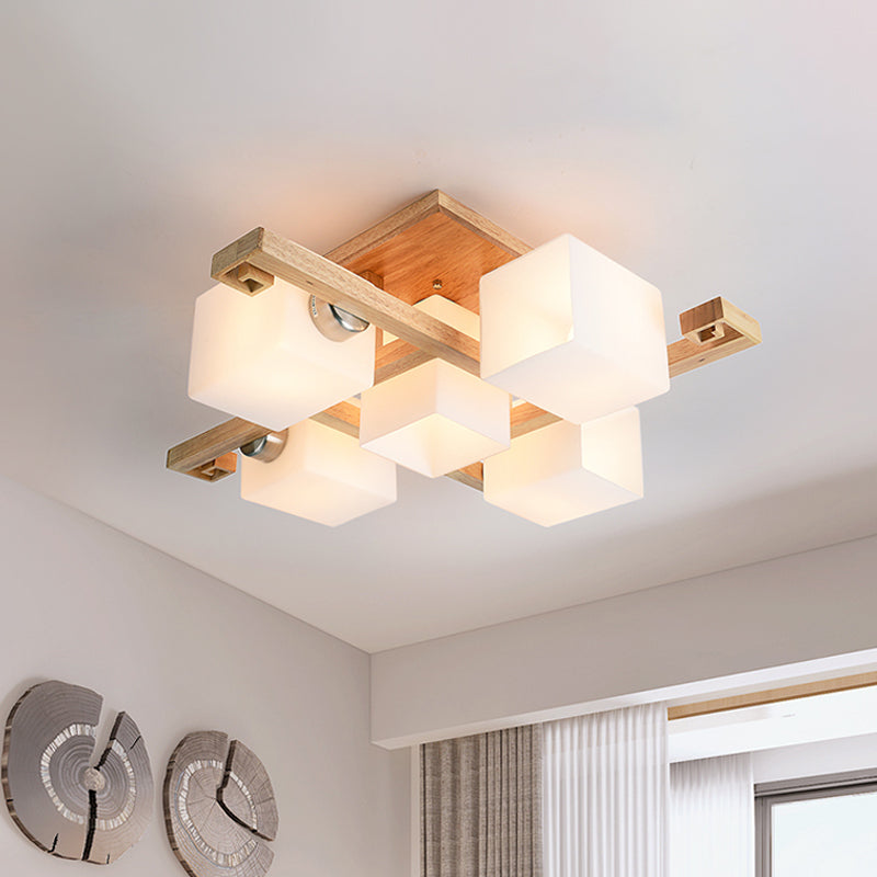 Modernism 4/5 Heads Ceiling Lighting Beige Cubic Semi Flush Mount Lamp with Opaline Glass Shade