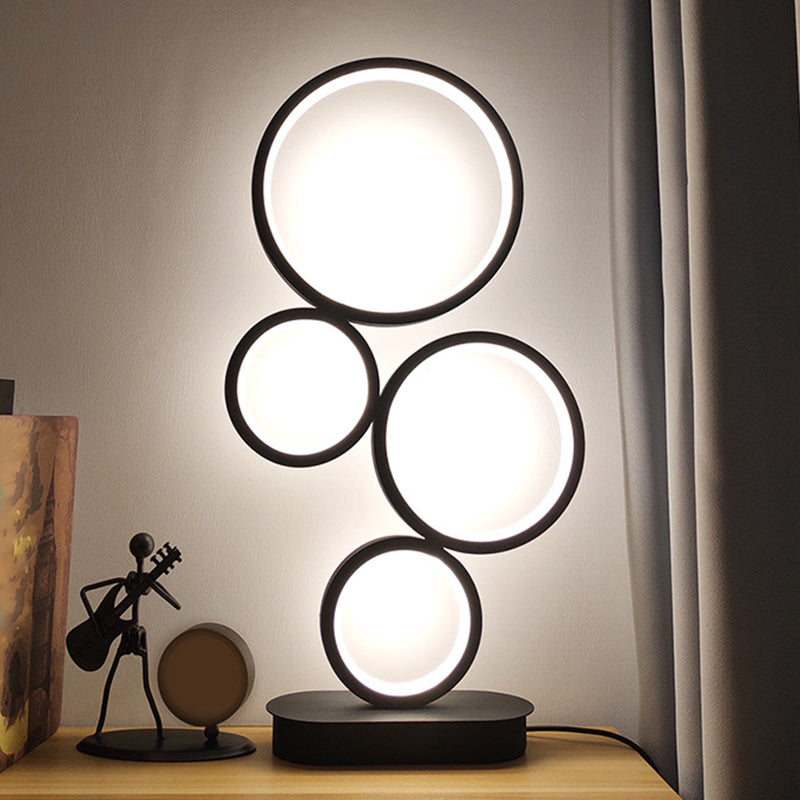 Simple Stacked Round Table Lamp Metallic LED Bedside Night Lighting with Circular Pedestal in Black, Warm/White Light