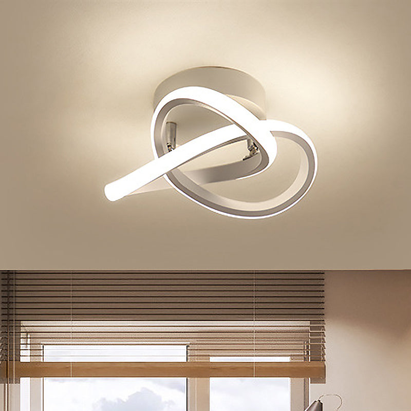 Modern Twisting Ceiling Flush Light Iron Foyer LED Semi Mount Lighting in Warm/White Light, Black/White