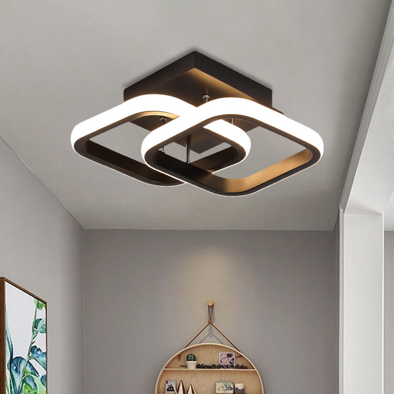 LED Corridor Semi Flush Mount Simple Black Ceiling Fixture with Square/Round Metal Shade in Warm/White Light