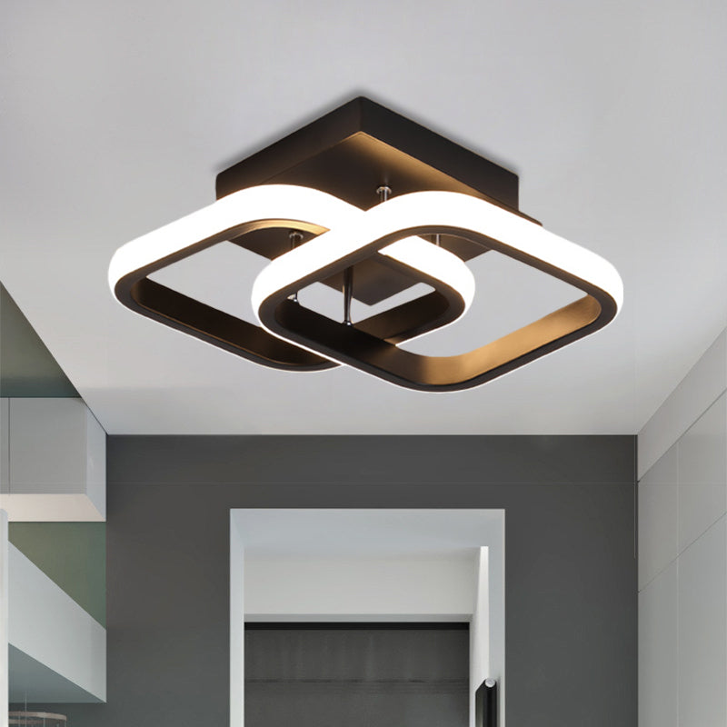 LED Corridor Semi Flush Mount Simple Black Ceiling Fixture with Square/Round Metal Shade in Warm/White Light