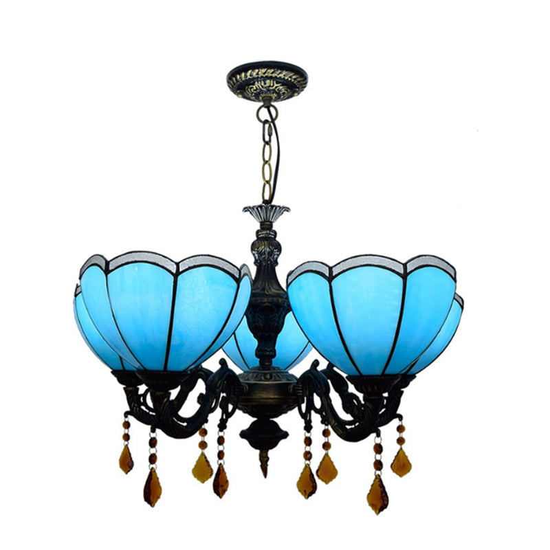 Blue Bowl Chandelier Light Retro Style Stained Glass 5 Bulbs Hanging Light with Crystal for Bedroom