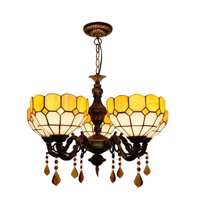 5 Heads Bowl Glass Shade Chandelier Rustic Chandelier Light with Crystal in Yellow for Dining Room