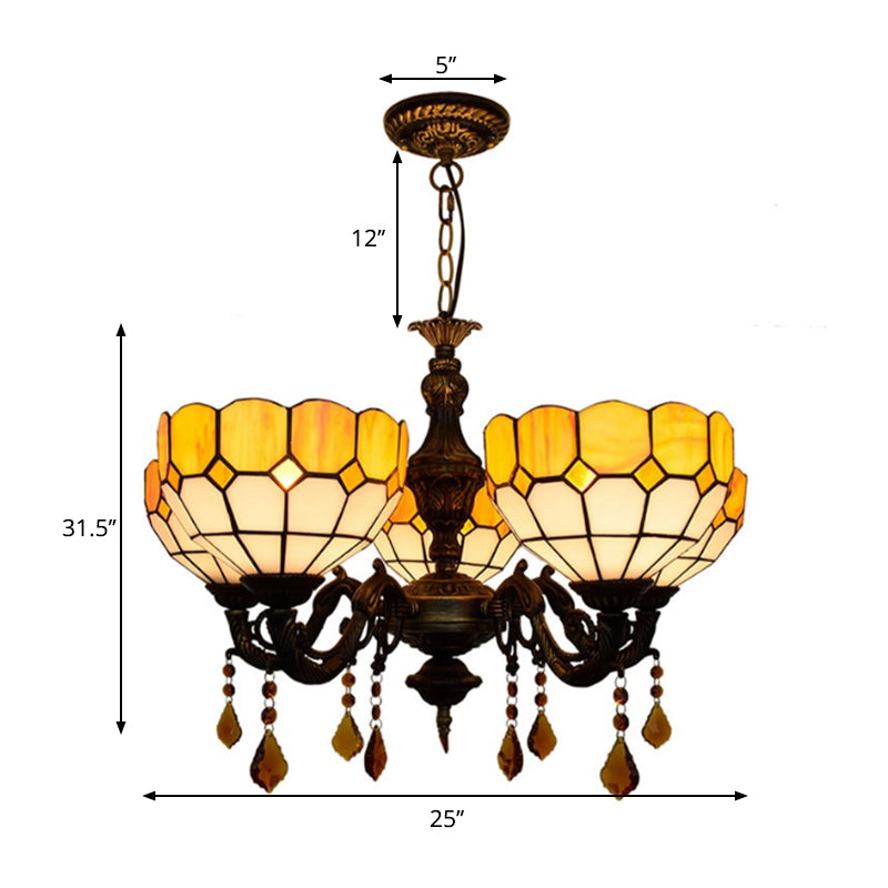 5 Heads Bowl Glass Shade Chandelier Rustic Chandelier Light with Crystal in Yellow for Dining Room