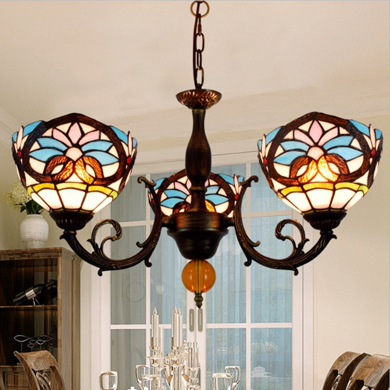 Lodge Bowl-Shaped Chandelier Stained Glass 3 Lights Decorative Inverted Chandelier with Crystal in Multicolor