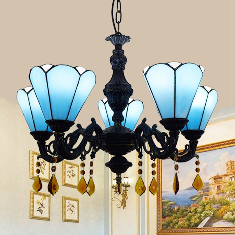 Tiffany Style Cone-Shaped Hanging Light Stained Glass 5 Lights Decorative Crystal Chandelier in Blue