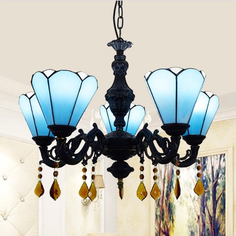 Tiffany Style en forme de cône en forme de vitrage clair 5 lumières Crystal décoratives Crystal Chandelier en bleu