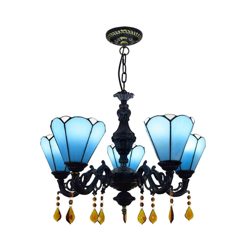 Tiffany Style Cone-Shaped Hanging Light Stained Glass 5 Lights Decorative Crystal Chandelier in Blue