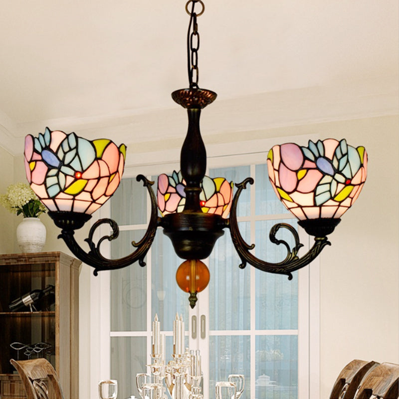 Lodge Bowl Chandelier Stained Glass 3 Lights Inverted Chandelier with Flower Pattern for Dining Room