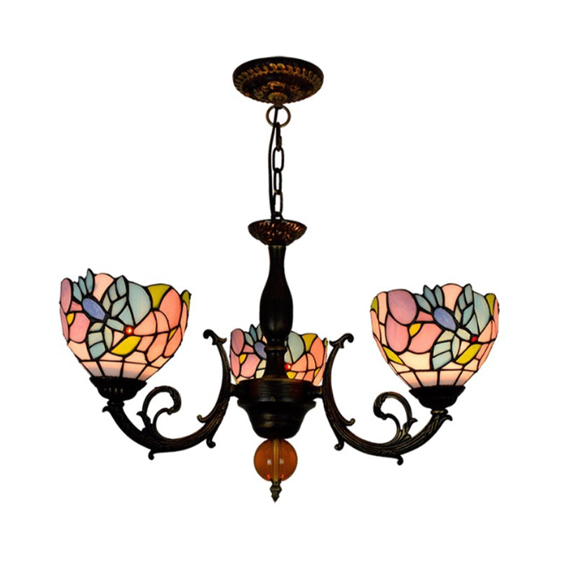 Lodge Bowl Chandelier Stained Glass 3 Lights Inverted Chandelier with Flower Pattern for Dining Room