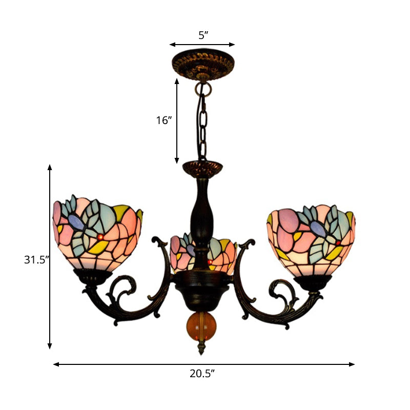 Lodge Bowl Chandelier Stained Glass 3 Lights Inverted Chandelier with Flower Pattern for Dining Room