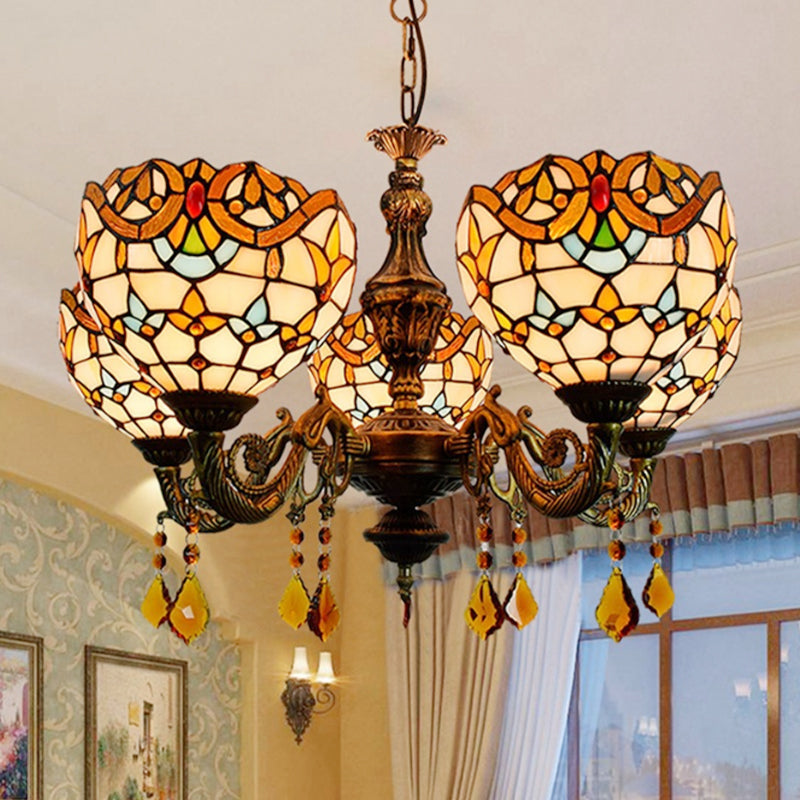 Victorian Bowl-Shaped Chandelier Light Stained Glass 5 Lights Decorative Chandelier with Crystal in Beige