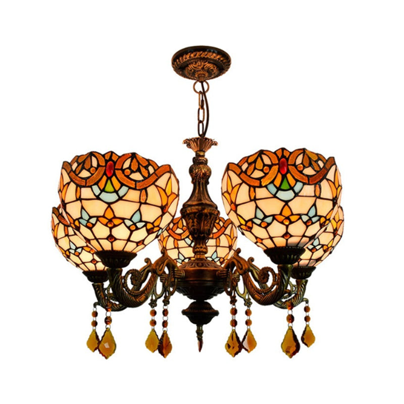 Victorian Bowl-Shaped Chandelier Light Stained Glass 5 Lights Decorative Chandelier with Crystal in Beige