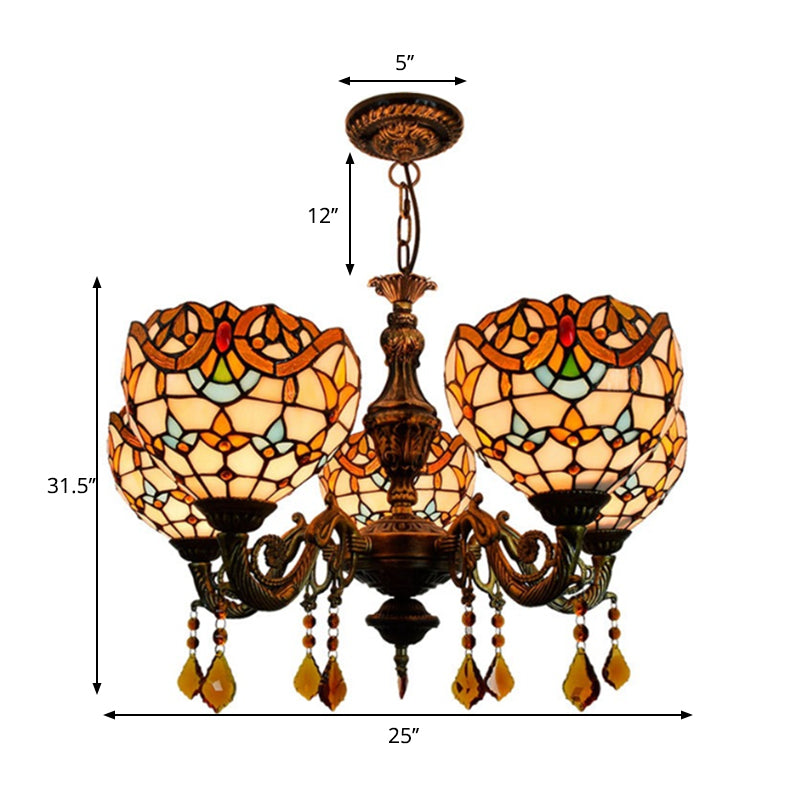 Victorian Bowl-Shaped Chandelier Light Stained Glass 5 Lights Decorative Chandelier with Crystal in Beige