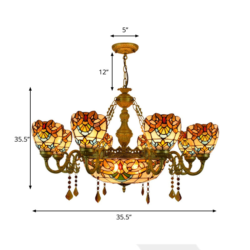 Victorien bol lustre vitrail 9 lumières Lumière de lustre avec cristal en beige pour le foyer