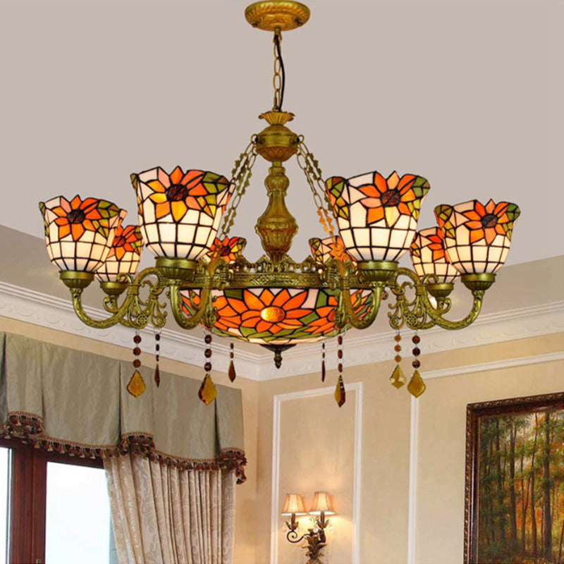 Multicolored Inverted Chandelier Vintage Stained Glass 9 Lights Decorative Hanging Light with Sunflower Pattern