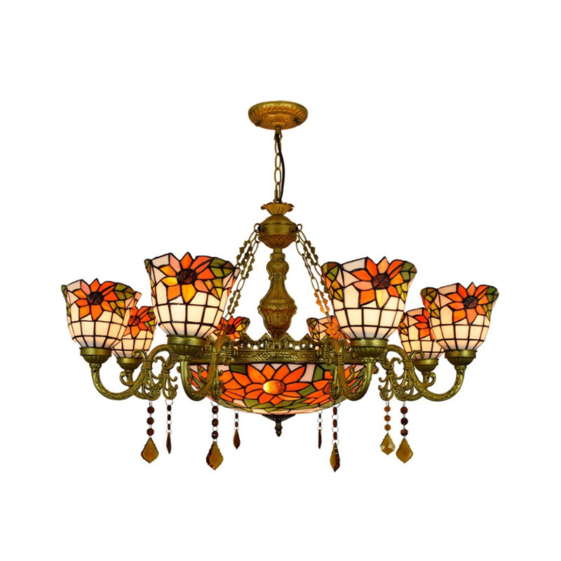 Multicolored Inverted Chandelier Vintage Stained Glass 9 Lights Decorative Hanging Light with Sunflower Pattern