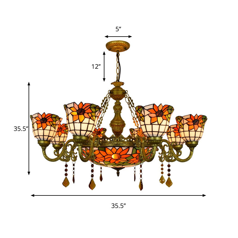 Multicolored Inverted Chandelier Vintage Stained Glass 9 Lights Decorative Hanging Light with Sunflower Pattern