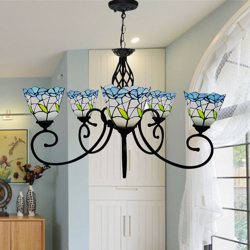 5 Heads Floral Ceiling Chandelier Light Tiffany Style Stained Living Room Pendant Light in Blue