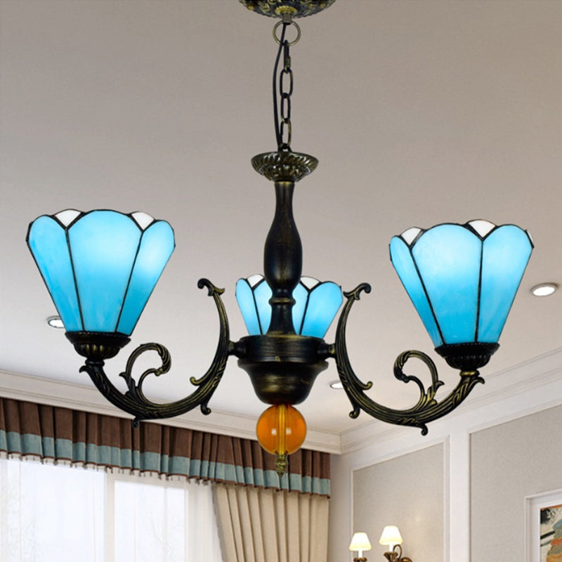 Sky Blue Conic Shape Chandelier Vintage Stained Glass 3 Lights Decorative Hanging Light for Living Room