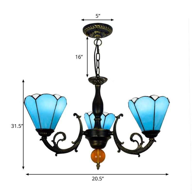 Sky Blue Conic Shape Chandelier Vintage Stained Glass 3 Lights Decorative Hanging Light for Living Room