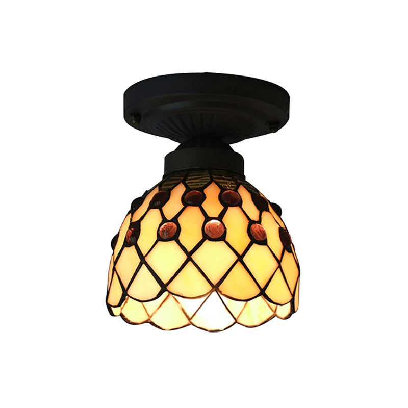 Cup Shade Semi Flush Mount Retro -Stil lila/beige Glas 1 Licht Deckenleuchte mit Juwelenmuster