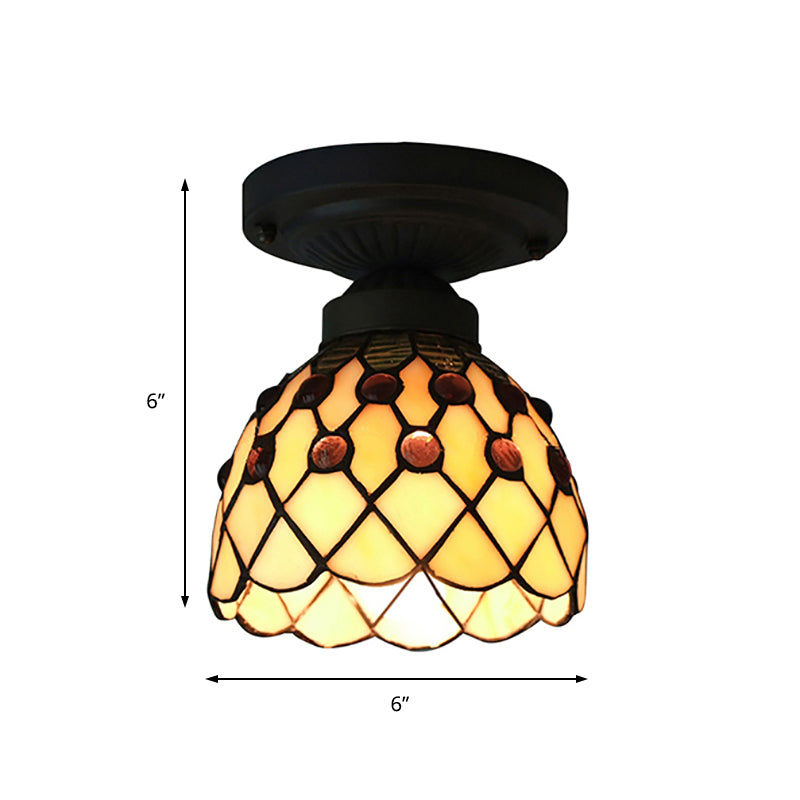 Cup Shade Semi Flush Mount Retro -Stil lila/beige Glas 1 Licht Deckenleuchte mit Juwelenmuster