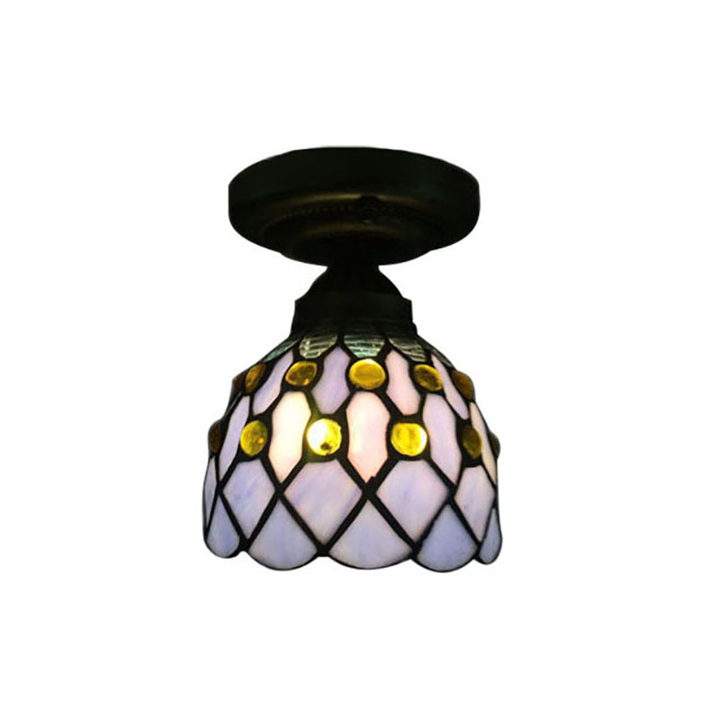 Tasse d'ombre semi-fluste Mount rétro de style violet / beige verre 1 lumière légère luminaire avec motif de bijoux