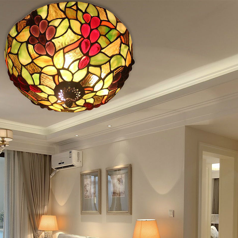 Stained Glass Grapes Ceiling Light Lodge 2 Lights Flushmount Light with Bowl Shade for Bedroom Lighting