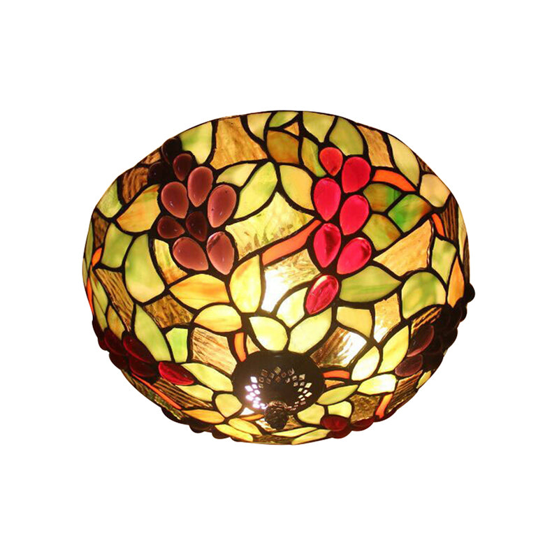 Stained Glass Grapes Ceiling Light Lodge 2 Lights Flushmount Light with Bowl Shade for Bedroom Lighting