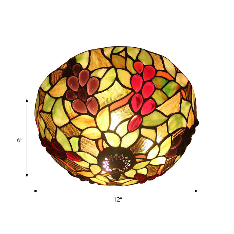 Stained Glass Grapes Ceiling Light Lodge 2 Lights Flushmount Light with Bowl Shade for Bedroom Lighting