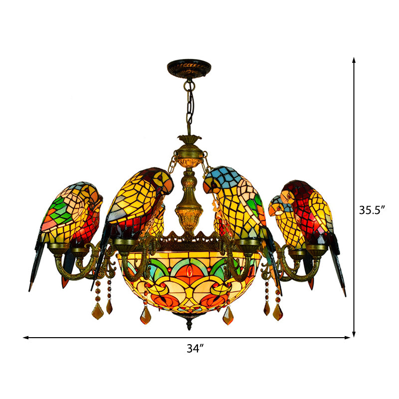 9 Lights Parrot Armed Suspension Light Rustic Stained Glass Chandelier Light in Yellow for Villa