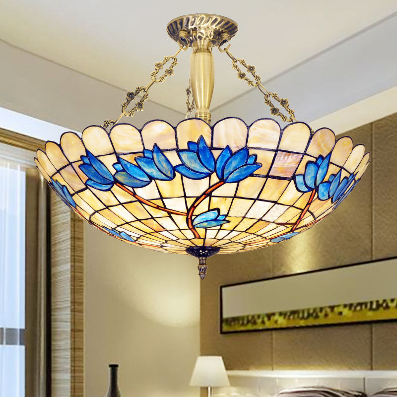 Retro Style Bowl Ceiling Light Fixture Stained Glass 4 Lights Semi Flush Light with Tulip Pattern for Dining Room