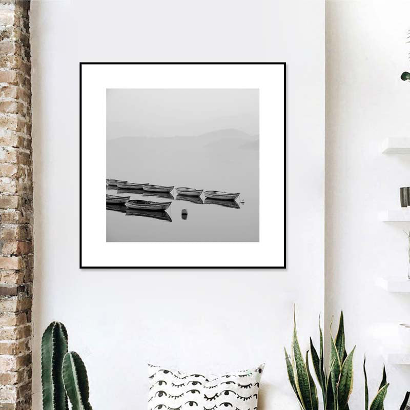 Textured Grey Canvas Modern Style Photograph Print Boat on the River Wall Art Decor