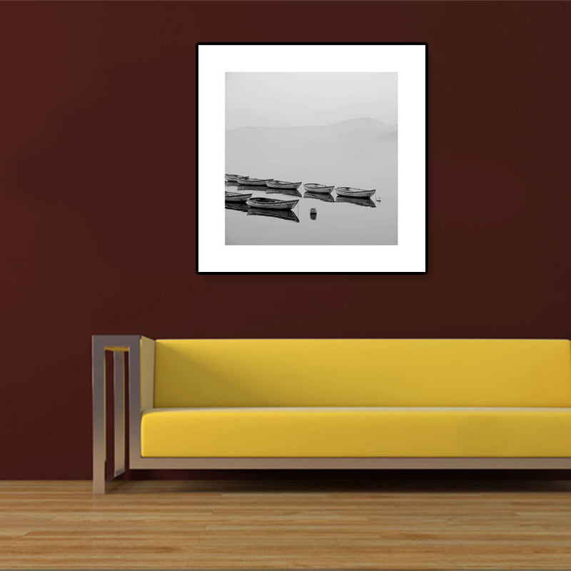 Textured Grey Canvas Modern Style Photograph Print Boat on the River Wall Art Decor