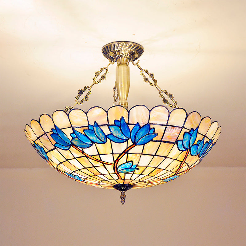 Retro Style Bowl Ceiling Light Fixture Stained Glass 4 Lights Semi Flush Light with Tulip Pattern for Dining Room