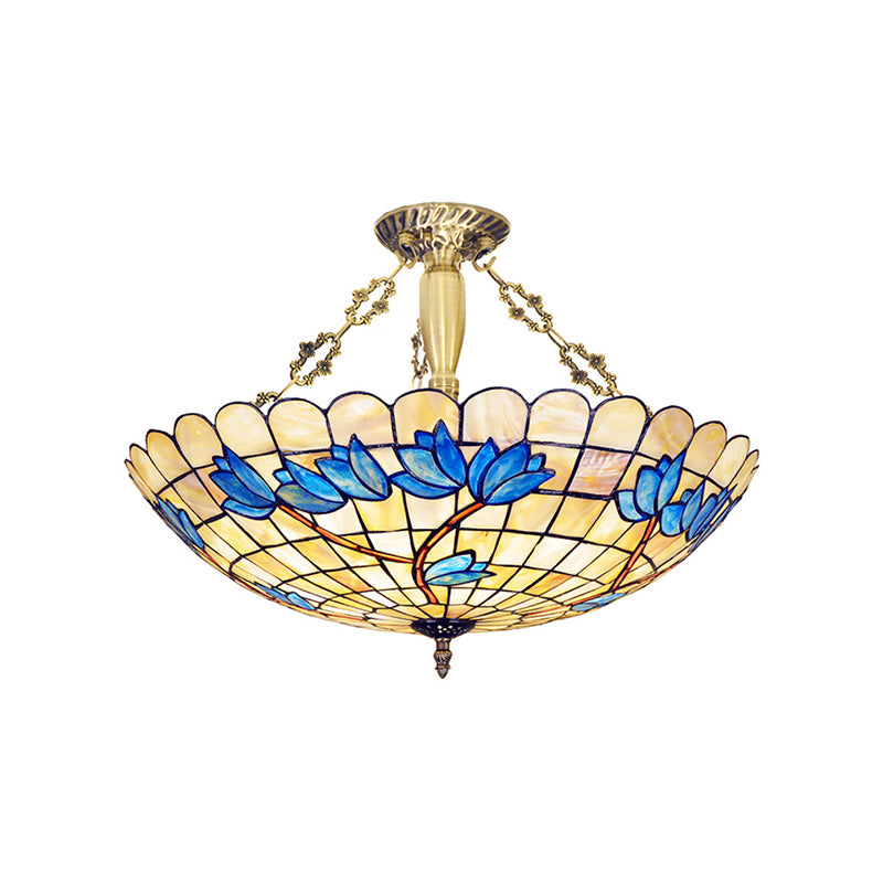 Retro Style Bowl Ceiling Light Fixture Stained Glass 4 Lights Semi Flush Light with Tulip Pattern for Dining Room