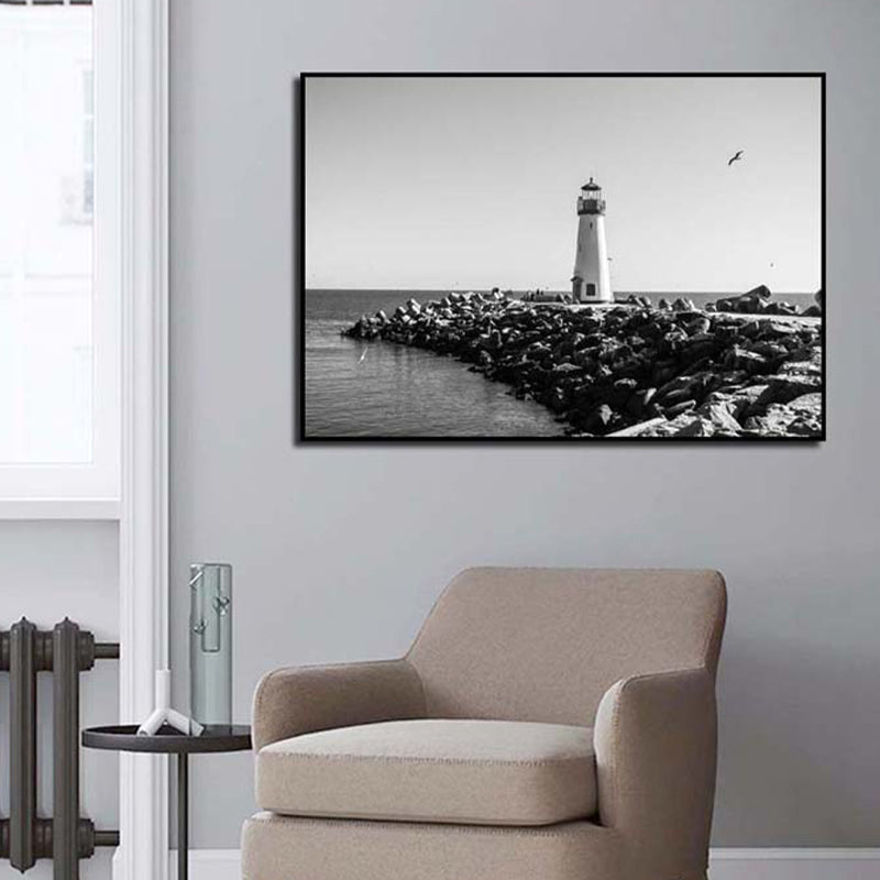 Seaside Building Canvas Art Textured Contemporary Living Room Wall Decor in Grey