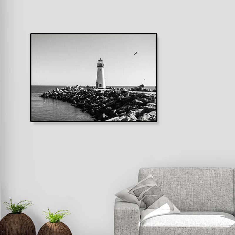 Seaside Building Canvas Art Textured Contemporary Living Room Wall Decor in Grey