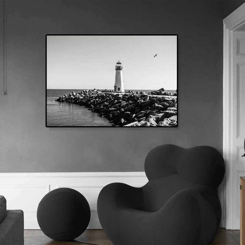 Seaside Building Canvas Art Textured Contemporary Living Room Wall Decor in Grey