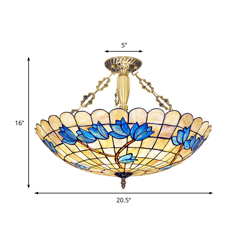 Retro Style Bowl Ceiling Light Fixture Stained Glass 4 Lights Semi Flush Light with Tulip Pattern for Dining Room