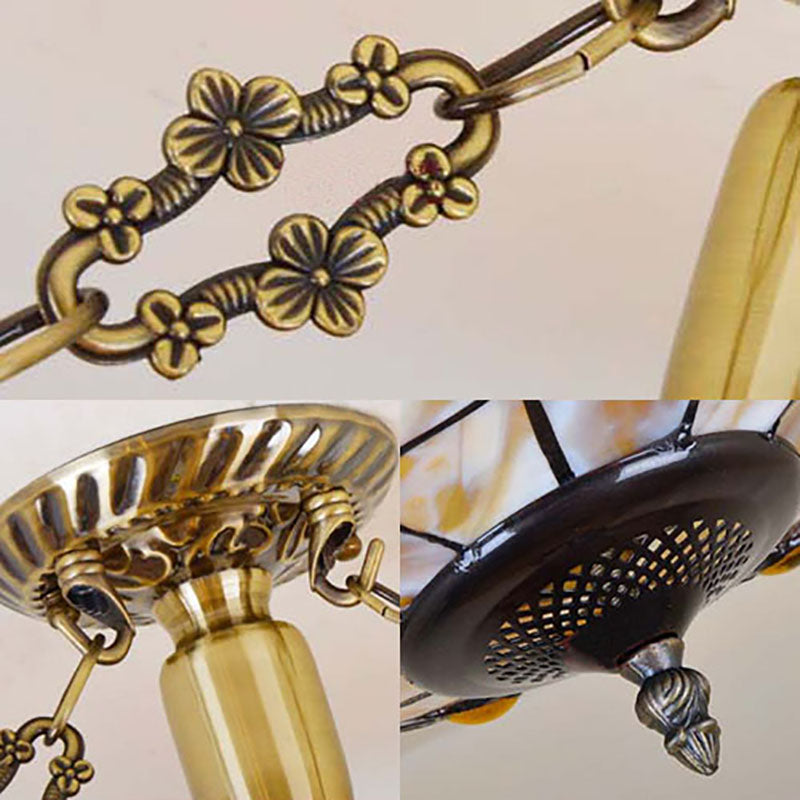 Retro Style Bowl Ceiling Light Fixture Stained Glass 4 Lights Semi Flush Light with Tulip Pattern for Dining Room