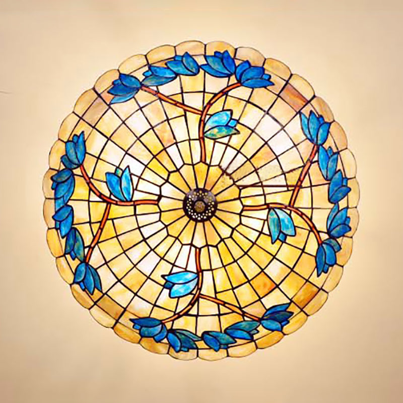 Retro Style Bowl Ceiling Light Fixture Stained Glass 4 Lights Semi Flush Light with Tulip Pattern for Dining Room