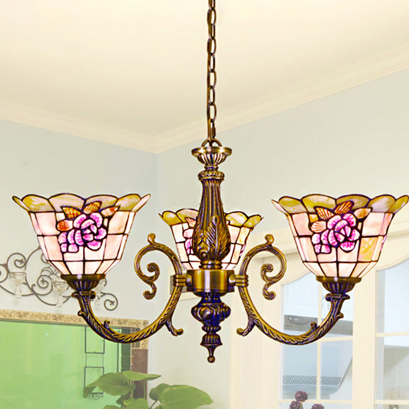 Bell Shape Hanging Lamp Retro Style Stained Glass 3 Heads Flower Chandelier Light with Chain for Bedroom